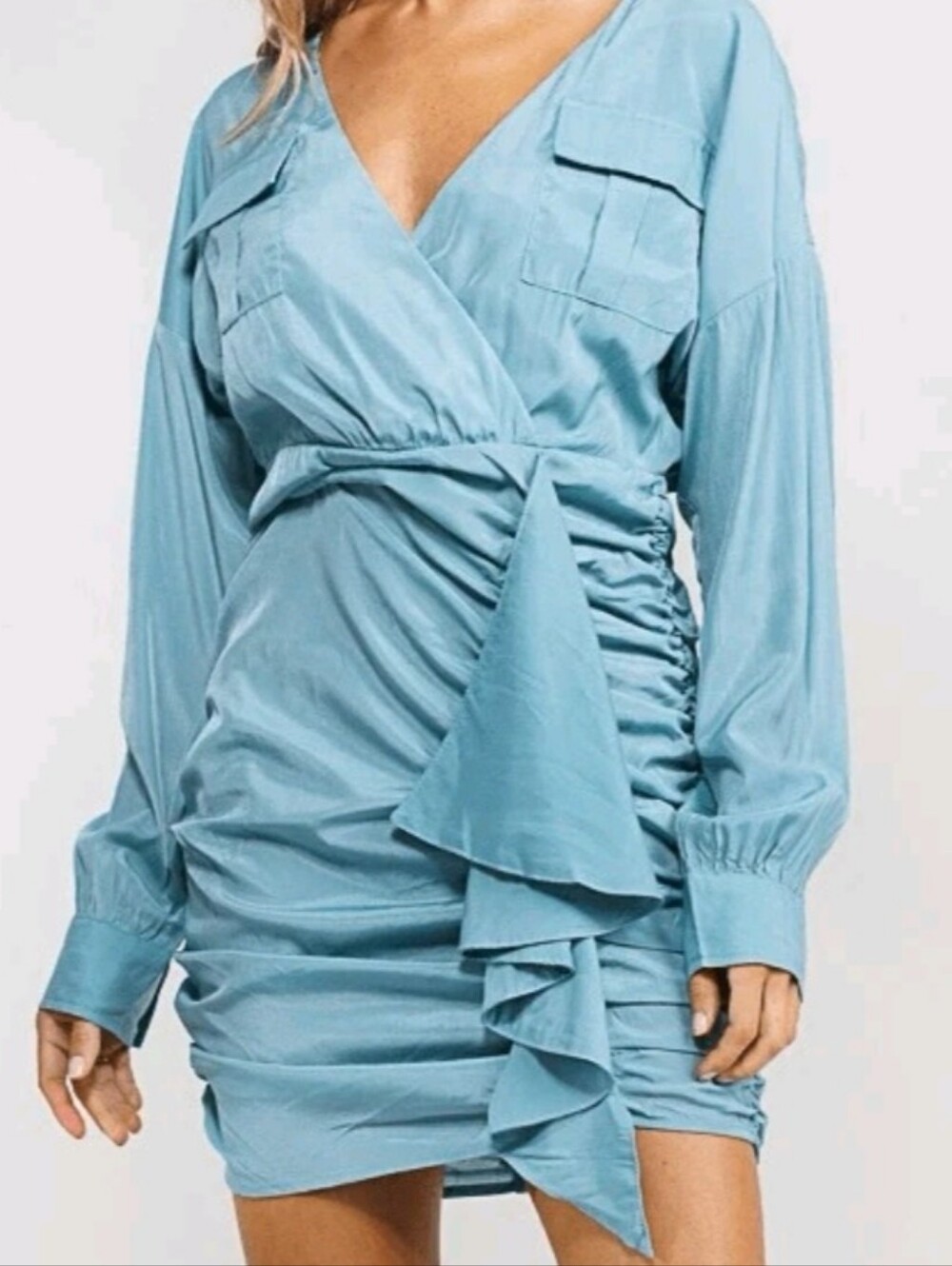 Light Blue Long Sleeve Ruched Wrap Dress